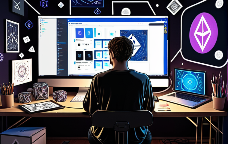 **
A digital artist sitting at their computer, looking thoughtfully at a screen displaying various blockchain logos (Ethereum, Solana, Tezos, Flow). They are surrounded by art supplies and digital drawing tools. The scene should convey the complexity and decision-making involved in choosing the right blockchain for NFTs. Style: A slightly surreal, digital art style.
**