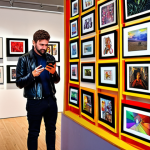 ** A vibrant digital art gallery filled with diverse NFT artworks. Include people browsing on tablets and phones, showcasing a modern and accessible art experience.  Focus on the community aspect with artists and collectors interacting.

**