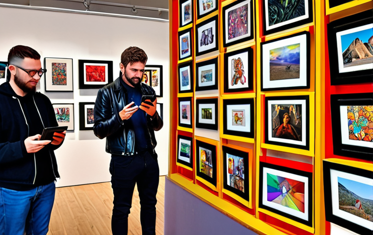 ** A vibrant digital art gallery filled with diverse NFT artworks. Include people browsing on tablets and phones, showcasing a modern and accessible art experience. Focus on the community aspect with artists and collectors interacting.
**