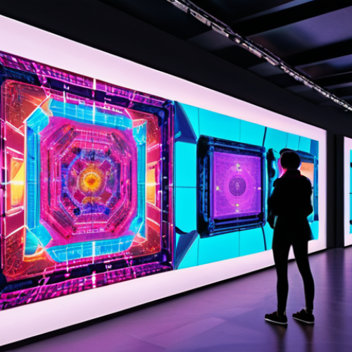 Home 7 **Digital Art Revolution:** A vibrant digital artwork showcasing a futuristic gallery with NFTs on display, blending traditional art with blockchain technology, highlighting transparency and security.