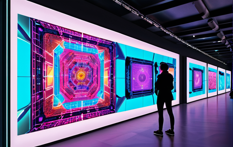 **Digital Art Revolution:** A vibrant digital artwork showcasing a futuristic gallery with NFTs on display, blending traditional art with blockchain technology, highlighting transparency and security.