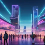 Home 18 NFT 아트의 투자 성과 비교 - **Prompt:** A vibrant, futuristic metaverse city square at sunset. A diverse group of stylized PFP (...