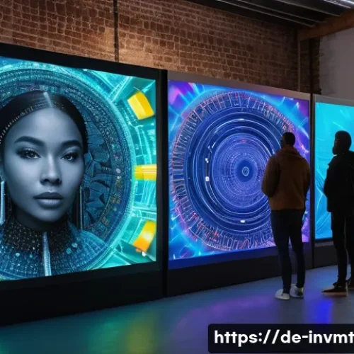 Home 26 NFT 아트 경제의 변화 - A modern digital art gallery scene showcasing diverse artists of various ethnic backgrounds presenti...