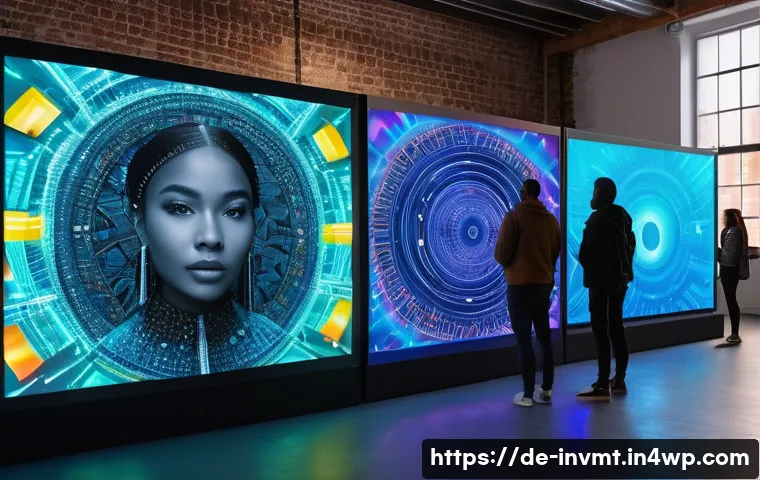 NFT 아트 경제의 변화 - A modern digital art gallery scene showcasing diverse artists of various ethnic backgrounds presenti...