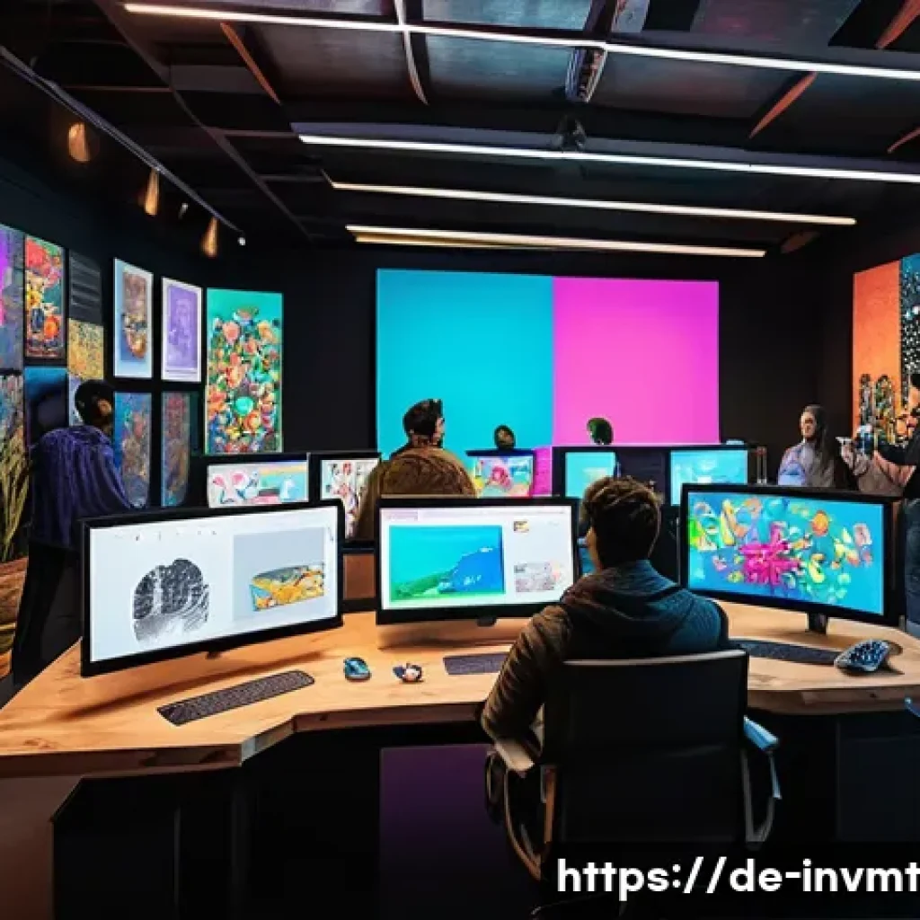 NFT 아트의 브랜드화 전략 - A vibrant digital art studio scene featuring a diverse group of NFT artists collaborating and sharin...