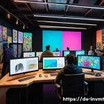 Home 19 NFT 아트의 브랜드화 전략 - A vibrant digital art studio scene featuring a diverse group of NFT artists collaborating and sharin...