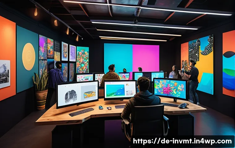 NFT 아트의 브랜드화 전략 - A vibrant digital art studio scene featuring a diverse group of NFT artists collaborating and sharin...